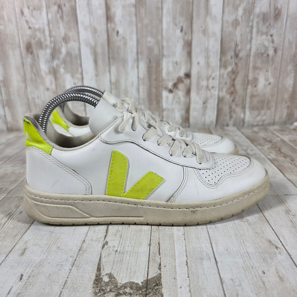 Veja V-10‎ White Fluorescent Yellow Leather Sneakers Womens Size 7 EUR 38